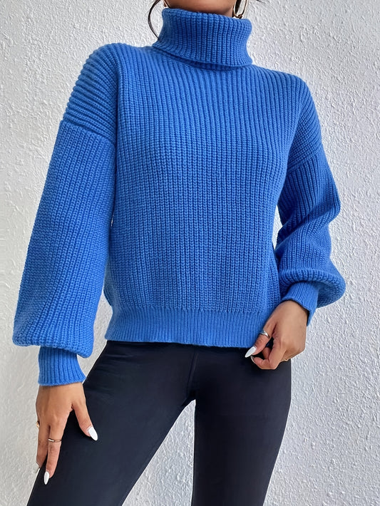 Sixsr Solid Turtle Neck Sweater, Casual Long Sleeve Drop Shoulder Sweater, Women's Clothing