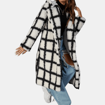 Sixsr Plaid Print Double-breasted Plush Coat, Casual Thermal Long Sleeve Lapel Midi Length Coat For Fall & Winter, Women's Clothing