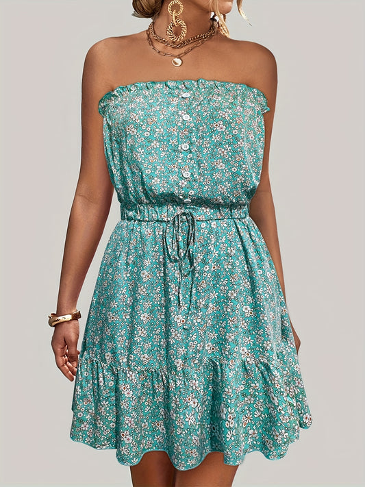 Sixsr Ditsy Floral Off Shoulder Dress, Sexy Sleeveless Drawstring Summer Dress, Women's Clothing