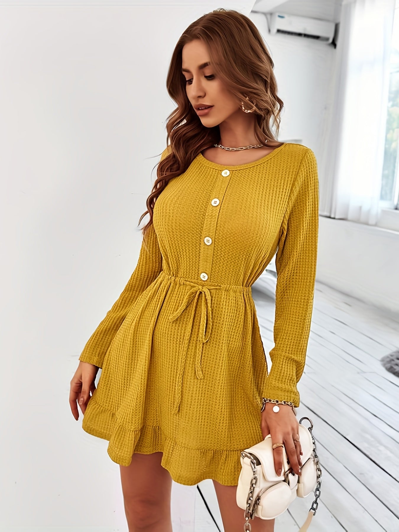 Sixsr Ruffle Hem Button Front Dress, Casual Long Sleeve Crew Neck Drawstring Dress, Women's Clothing