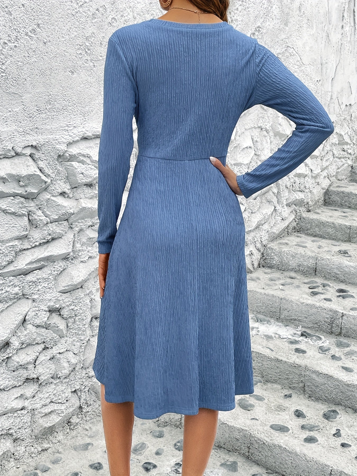 Criss Cross Solid Dress, Elegant Simple V Neck Long Sleeve Dress, Women's Clothing