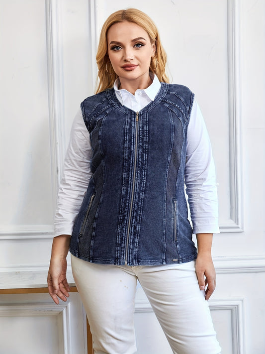 Sixsr Plus Size Casual Vest, Women's Plus Round Neck Slight Stretch Zipper Vest With Pockets