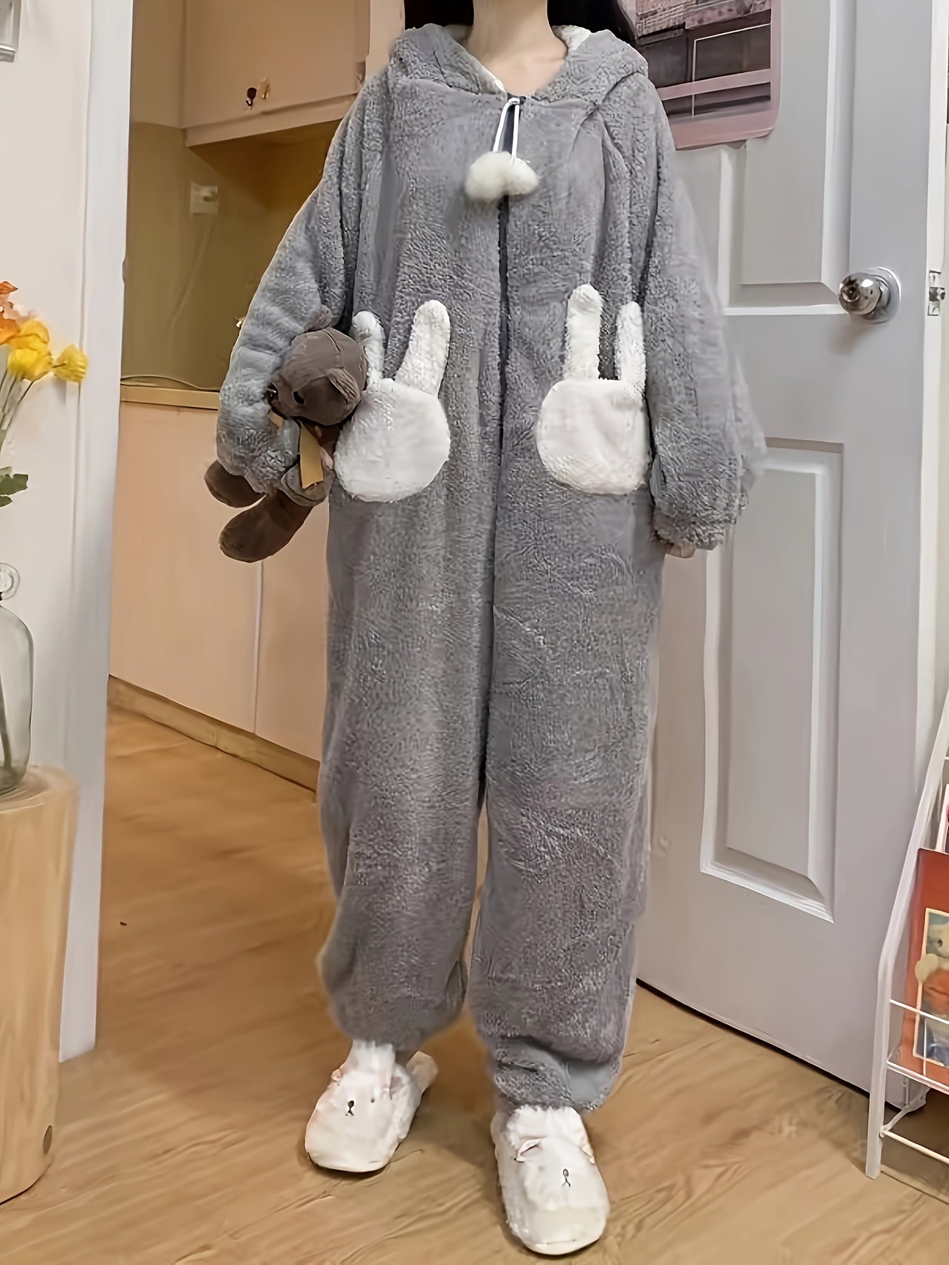 Sixsr Cartoon Bunny Fuzzy Hooded Jumpsuit, Cute Long Sleeve Zipper Pajamas, Women's Sleepwear & Loungewear