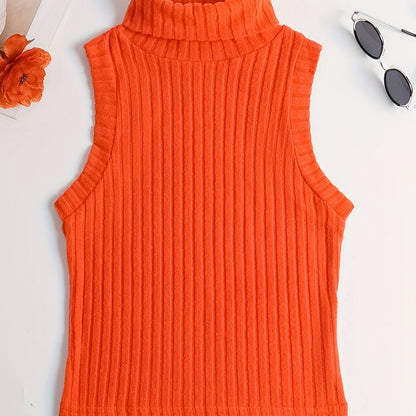 Sixsr Rib Knit High Neck Sweater Knitted Top, Sleeveless Casual Tank Top, Women's Clothing