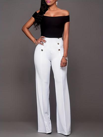 Sixsr Casual Button Elastic Slim Pants, Loose High Waist Solid Fashion Comfy Slim Spring Fall Pants, Women's Clothing