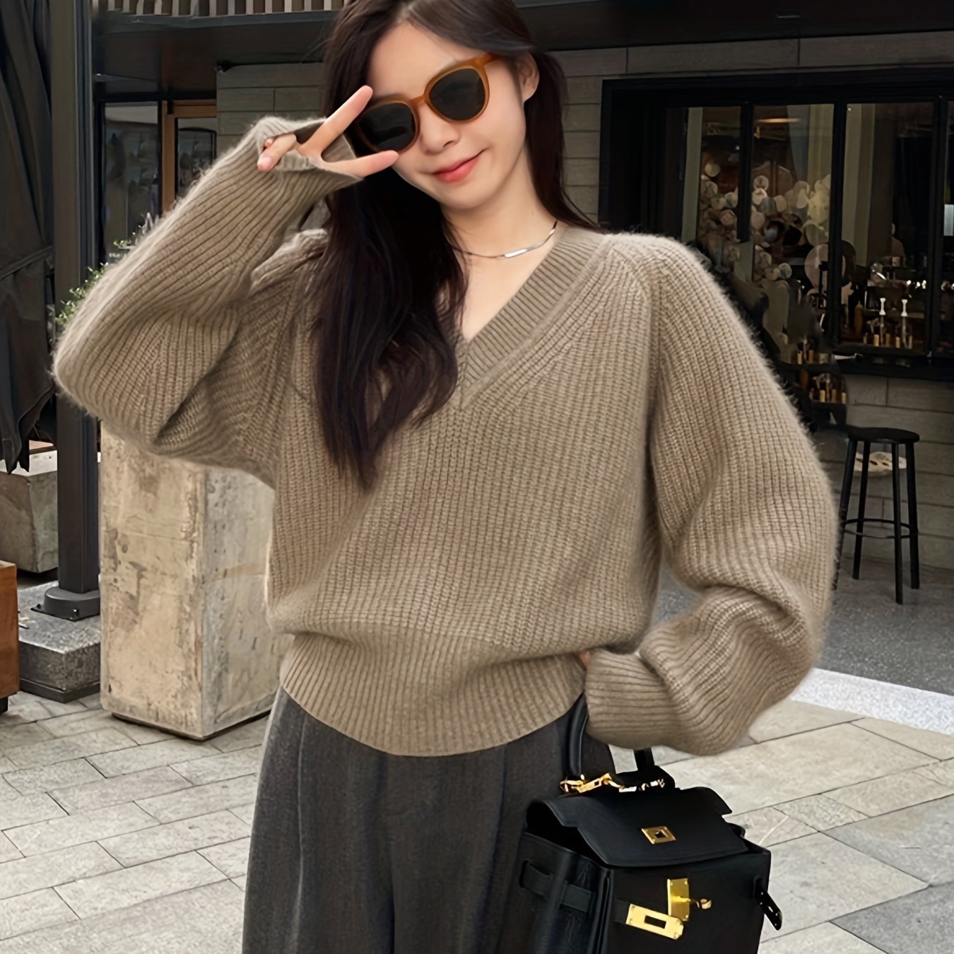 Sixsr Solid Knit Pullover Sweater, Casual V Neck Long Sleeve Sweater, Women's Clothing