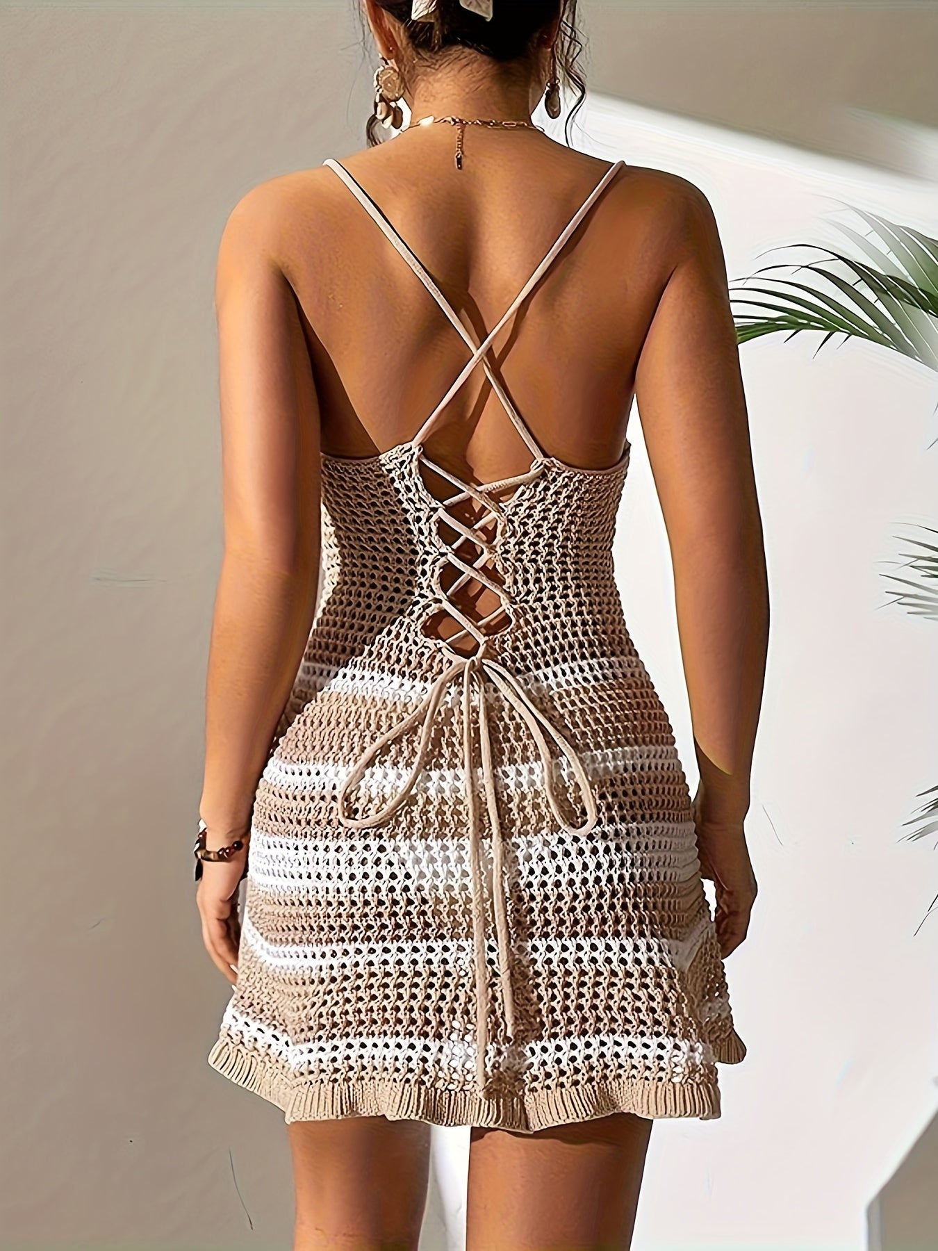 Sixsr Striped Hollow Out Knitted Cover Up Dress, Twist Spaghetti Strap Medium Stretch Beach Mini Dress, Women's Swimwear & Clothing