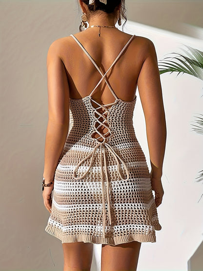 Sixsr Striped Hollow Out Knitted Cover Up Dress, Twist Spaghetti Strap Medium Stretch Beach Mini Dress, Women's Swimwear & Clothing