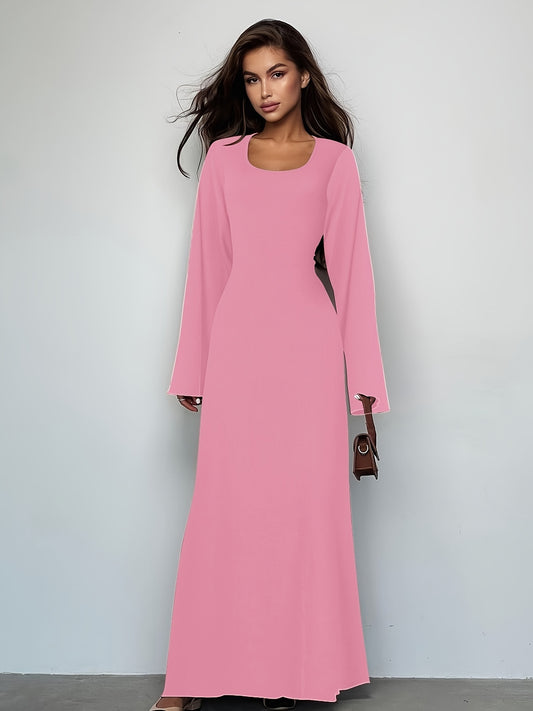 Sixsr Solid Tie Back U Neck Dress, Elegant Long Sleeve Maxi Dress, Women's Clothing