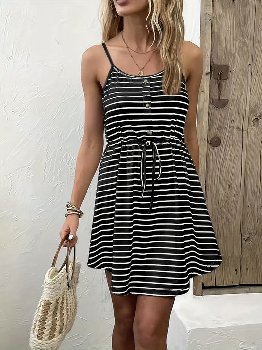 Sixsr Striped Button Front Cami Dress, Casual Drawstring Waist Spaghetti Dress, Women's Clothing