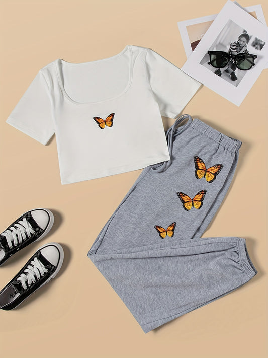 Sixsr Butterfly Print Casual Two-piece Set, Squared Neck Short Sleeve Tops & Drawstring Pants Outfits, Women's Clothing