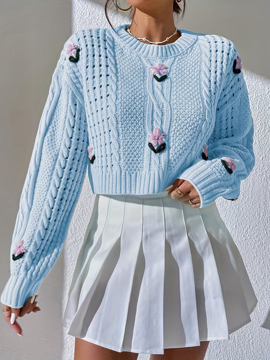 Sixsr Cropped Knit Sweater, Casual Crew Neck Long Sleeve Sweater, Women's Clothing