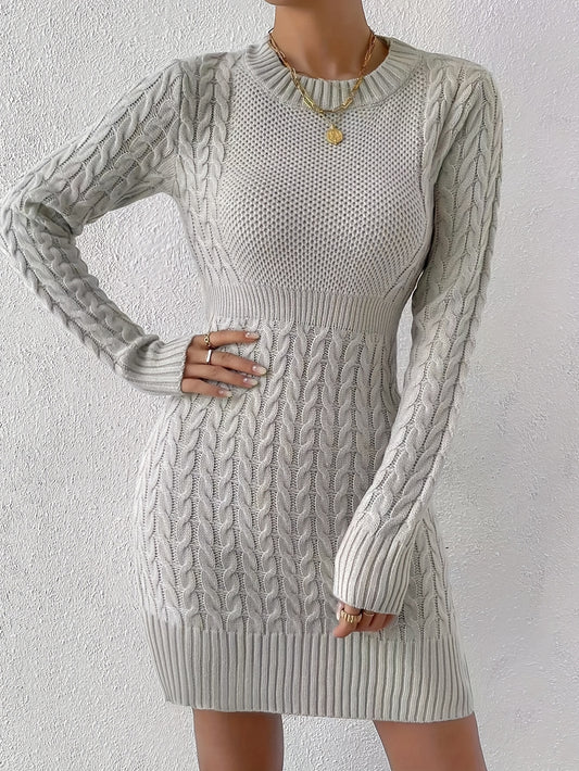 Sixsr Twist Pattern Crew Neck Slim Dress, Casual Long Sleeve Cinched Waist Knitted Dress For Spring & Fall, Women's Clothing