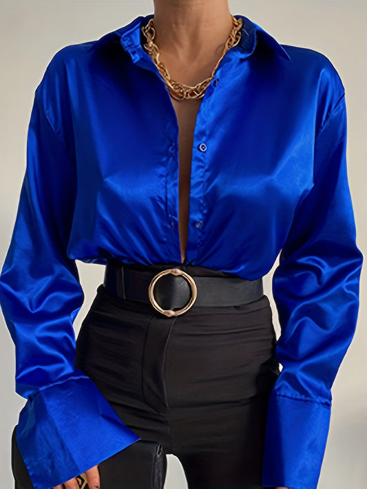 Sixsr Solid Button Front Shirt, Casual Satin Long Sleeve Collar Shirt, Women's Clothing