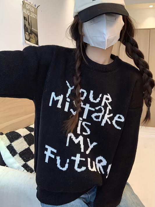 Sixsr Letter Pattern Crew Neck Pullover Sweater, Casual Long Sleeve Sweater For Fall & Winter, Women's Clothing