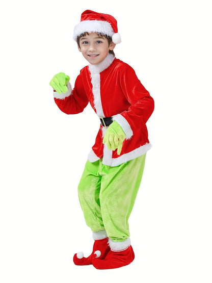 Kids Polyester Santa Elf Outfit with Green Monster Pants, Long Sleeve, Traditional Christmas Party Roleplay Apparel with Cardigan Collar - Knit Fabric & Slight Stretch for All Seasons