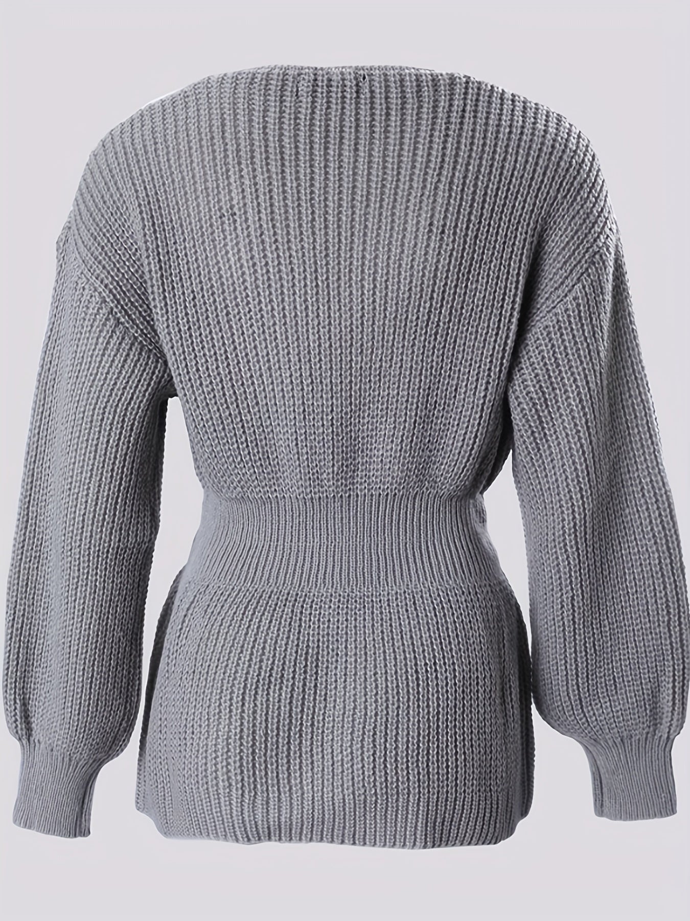 Sixsr Solid Notched Neck Knit Sweater, Elegant Cinched Waist Ruffle Long Sleeve Sweater, Women's Clothing