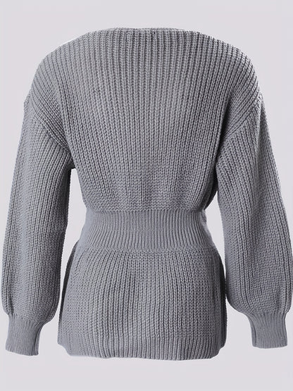 Sixsr Solid Notched Neck Knit Sweater, Elegant Cinched Waist Ruffle Long Sleeve Sweater, Women's Clothing