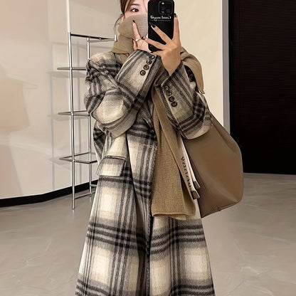 Sixsr Plaid Print Double-breasted Coat, Casual Long Sleeve Notched Collar Coat For Fall & Winter, Women's Clothing