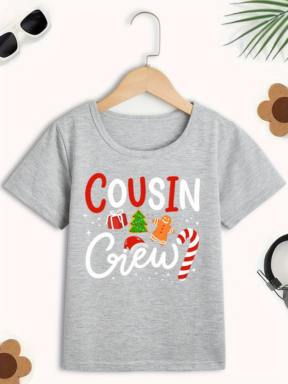 Cousin Crew Holiday Kids T-Shirt - PolyCotton Blend, Cute Crew Neck, Short Sleeve Knit Top for Summer, Christmas Tree & Candy Cane Alphabet Print, Regular Fit for Children Under 12