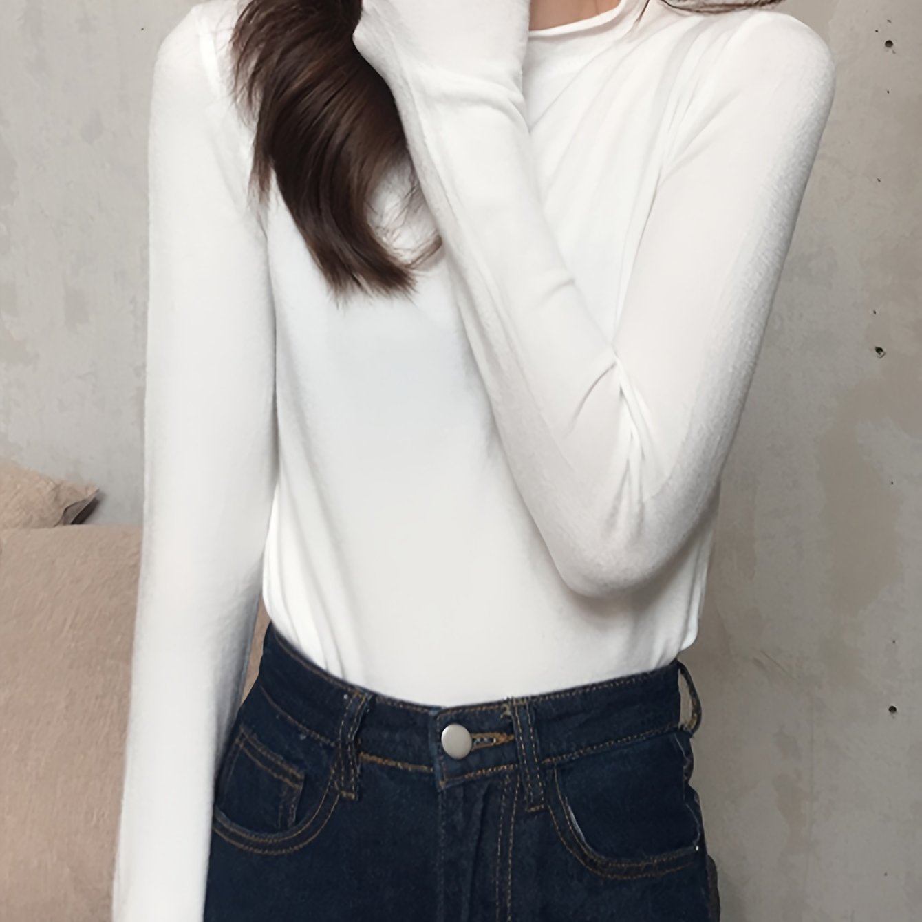 Sixsr Solid Mock Neck Knitted Top, Casual Long Sleeve Inner Wear Top, Women's Clothing