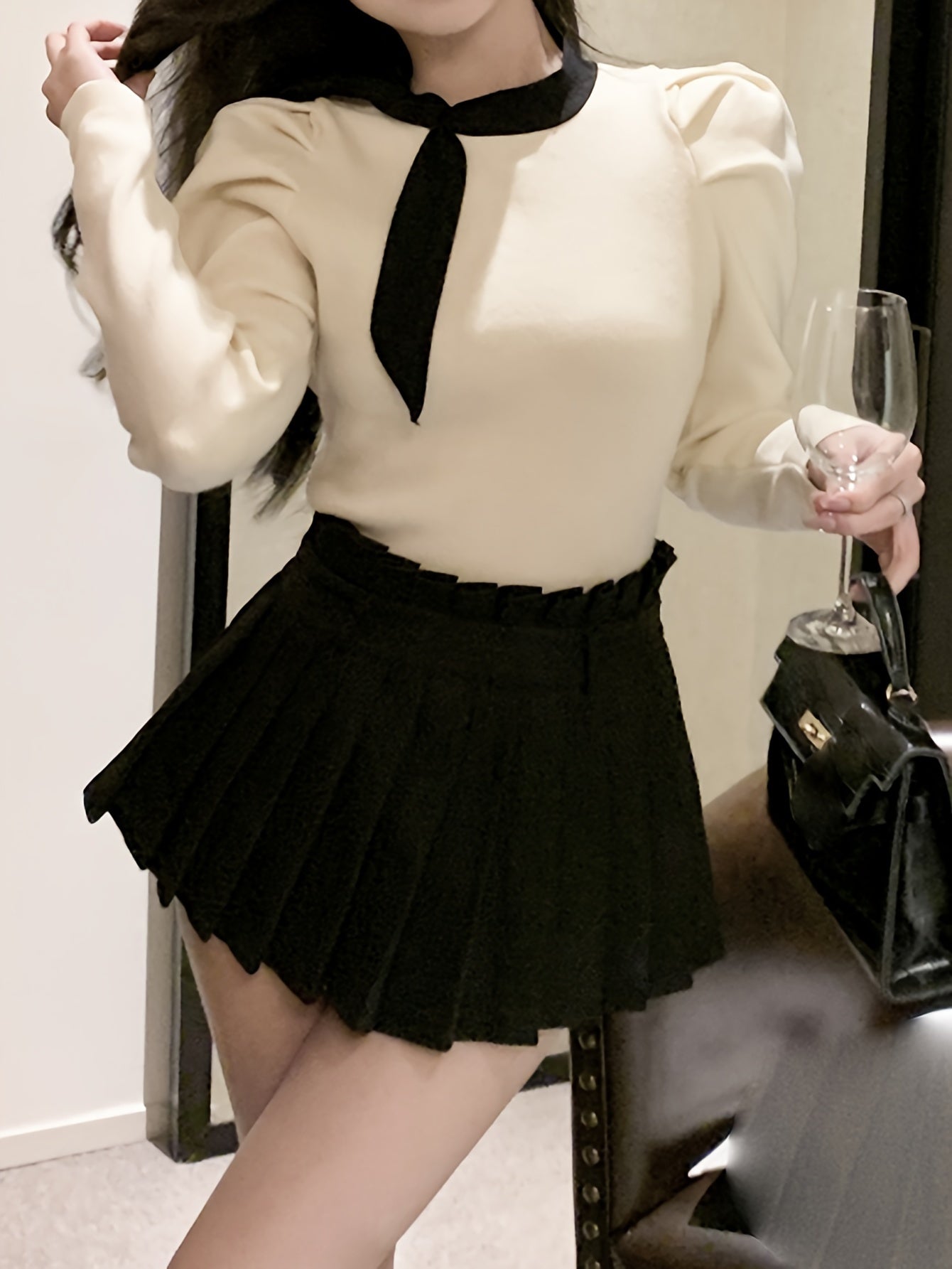 Sixsr Contrast Trim Crew Neck Knit Sweater, Casual Long Sleeve Ruched Sweater, Women's Clothing