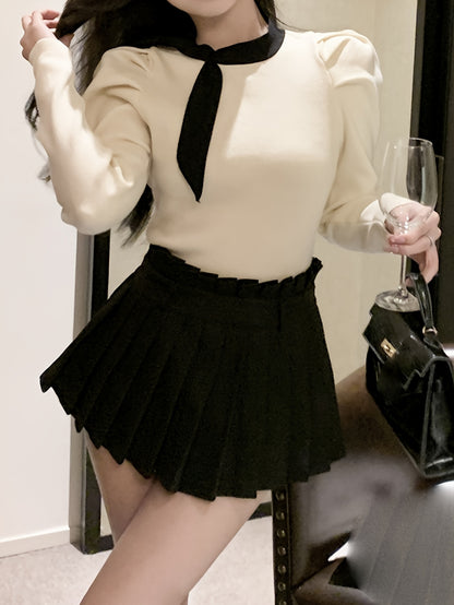 Sixsr Contrast Trim Crew Neck Knit Sweater, Casual Long Sleeve Ruched Sweater, Women's Clothing