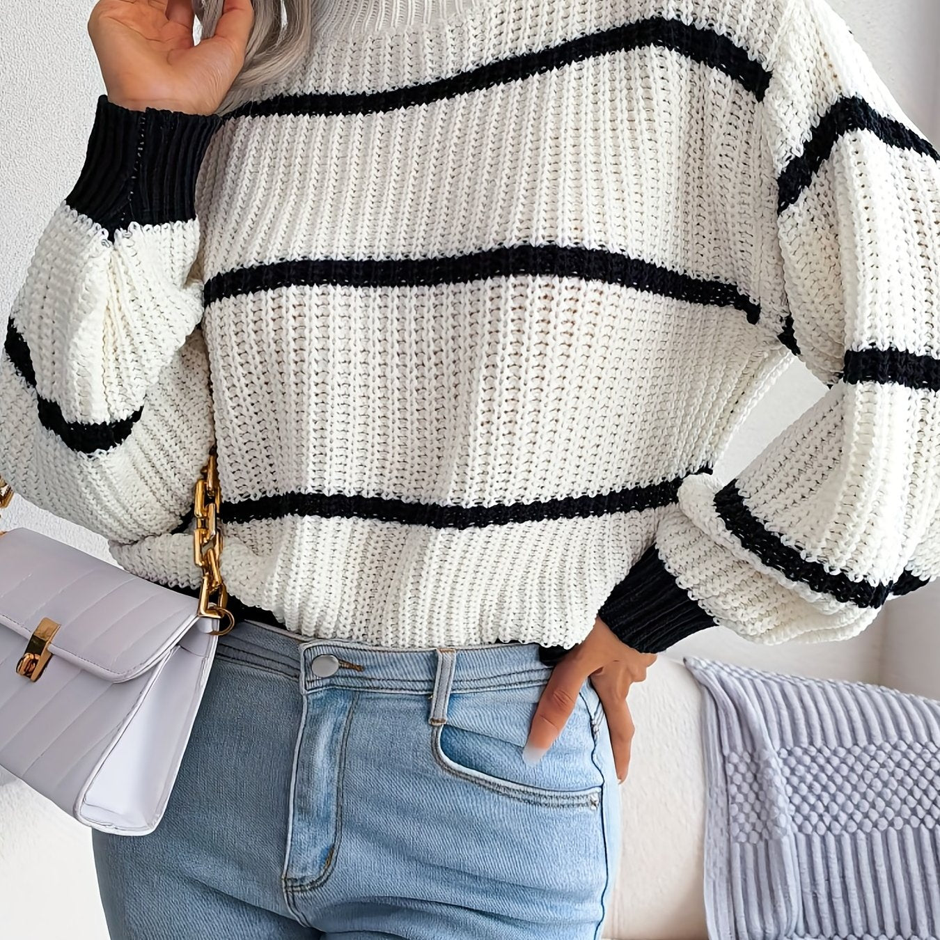 Sixsr Striped Color Block Crew Neck Sweater, Casual Long Sleeve Loose Fall Winter Knit Sweater, Women's Clothing