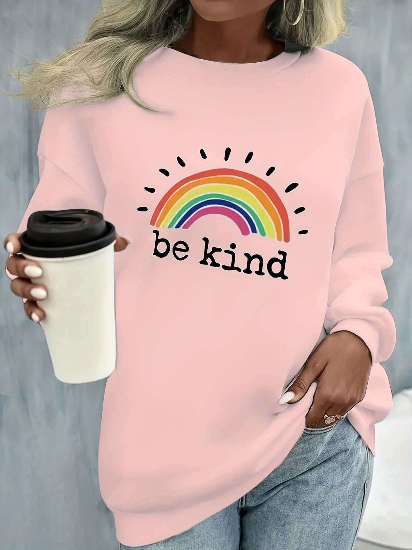 Sixsr Plus Size Casual Sweatshirt, Women's Plus Rainbow & Slogan Print Long Sleeve Round Neck Slight Stretch Sweatshirt