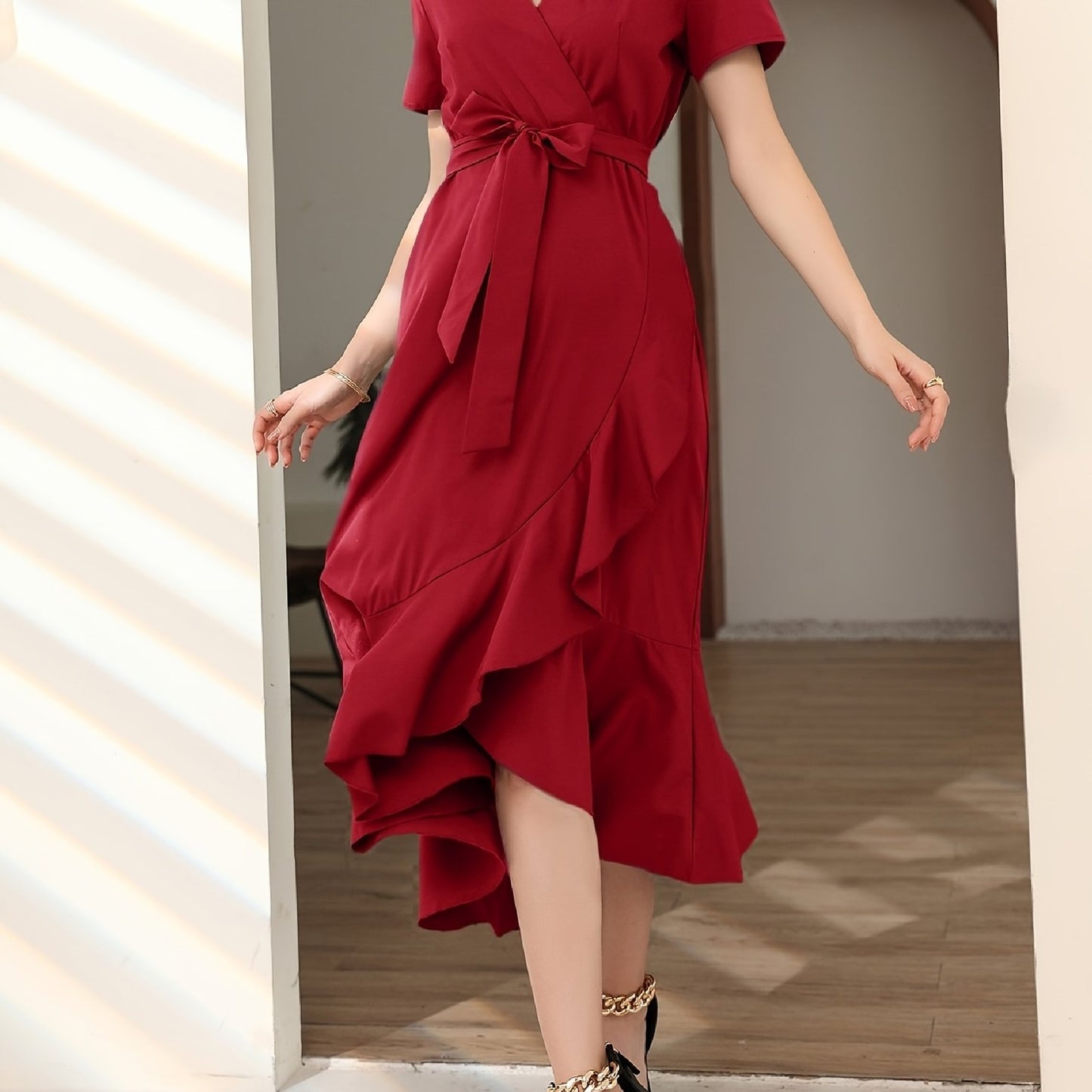 Sixsr Solid Ruffle Trim Dress, Elegant Surplice Neck Short Sleeve Maxi Dress, Women's Clothing