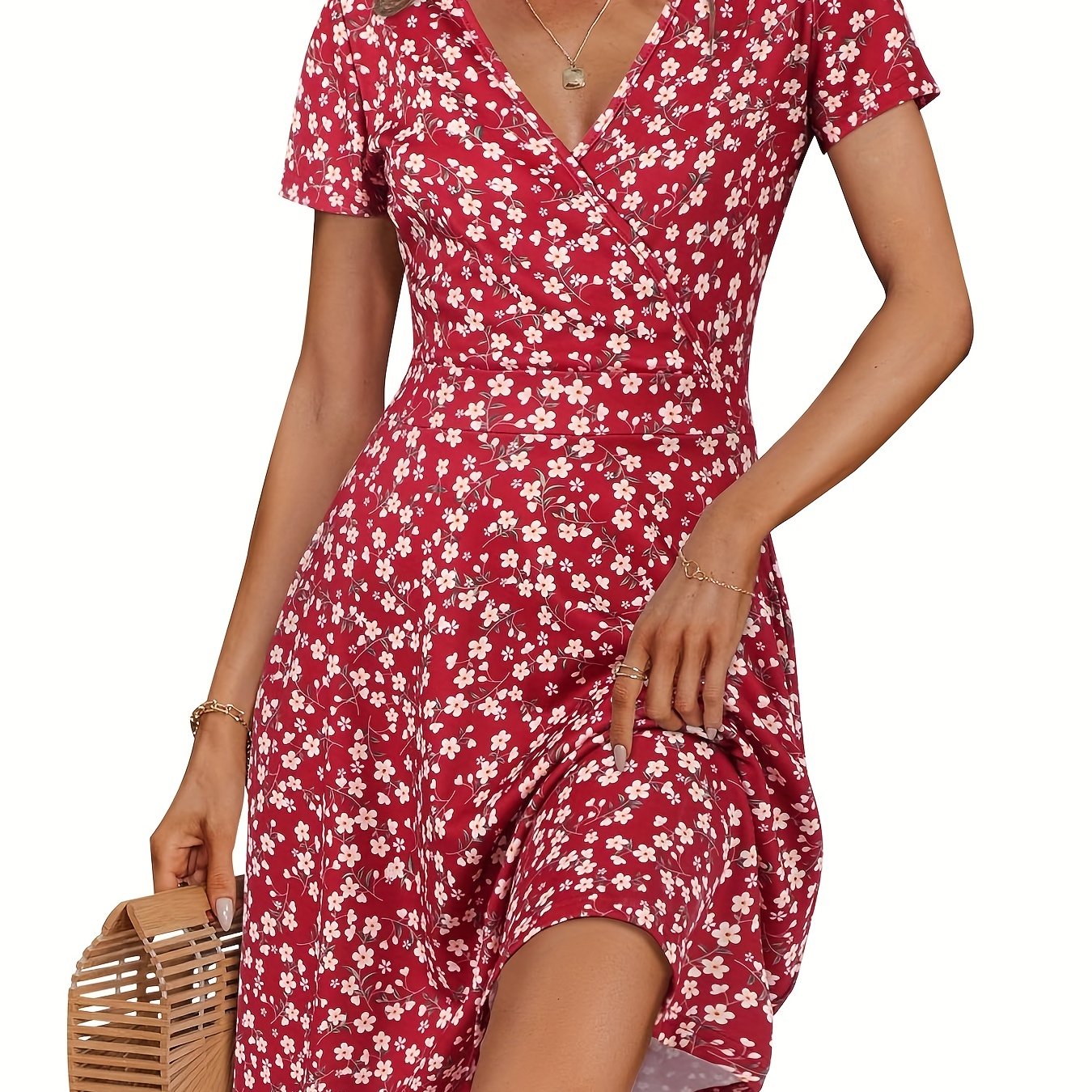 Ditsy Floral Print Dress, Vacation V Neck Short Sleeve Wrap Dress, Women's Clothing