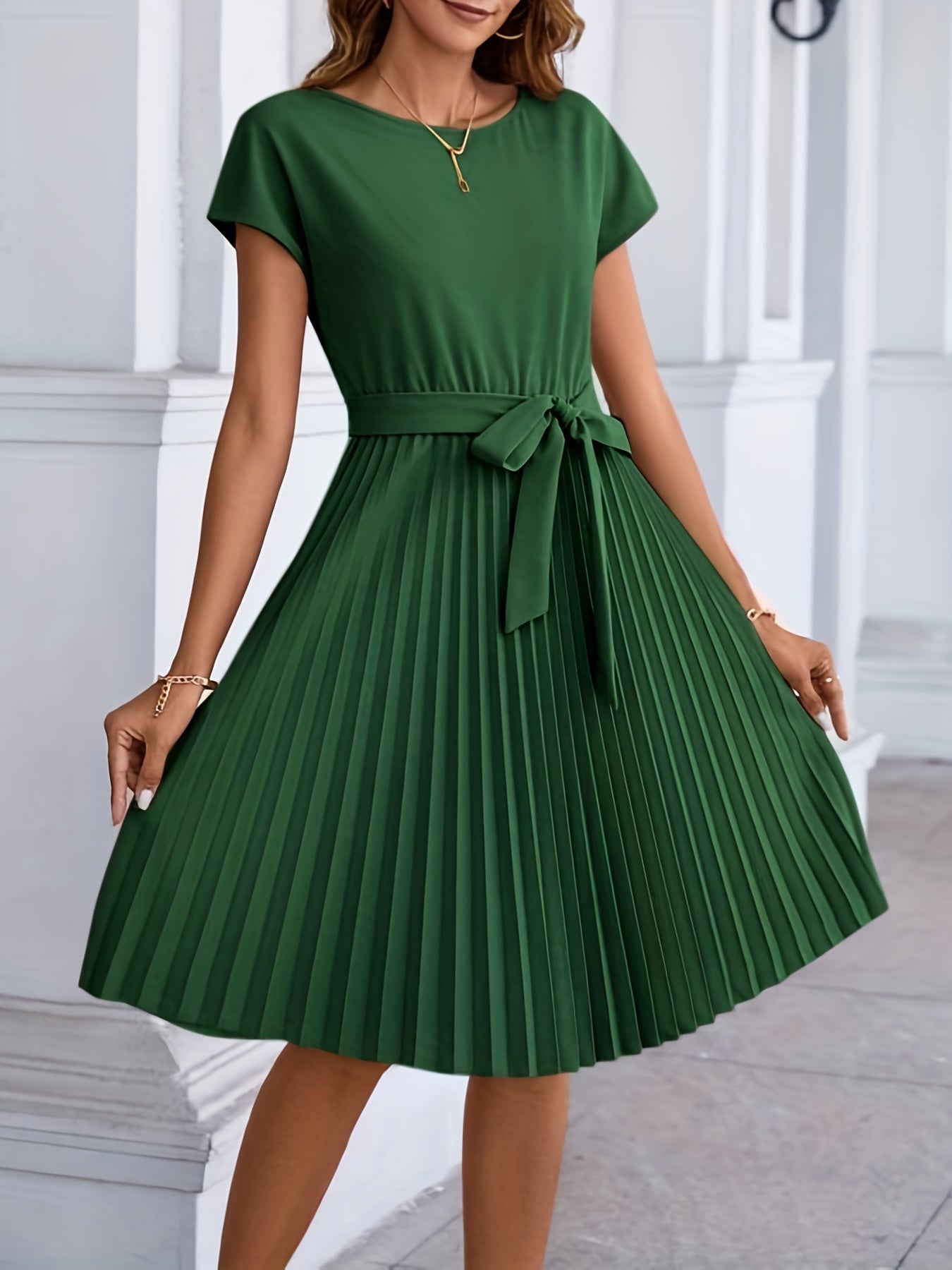 Pleated Tie Front Dress, Casual Short Sleeve Dress For Spring & Summer, Women's Clothing