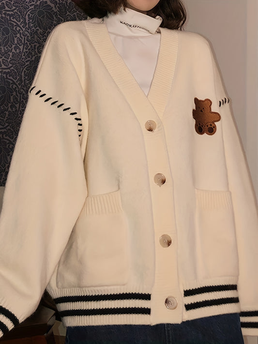 Sixsr Cute Bear Embroidered Cardigan, Casual Long Sleeve Cardigan For Fall & Winter, Women's Clothing