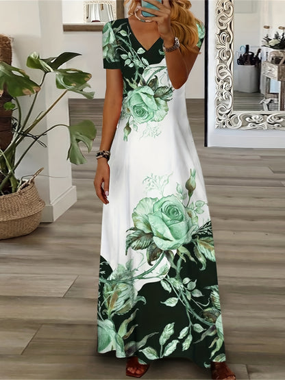 Plus Size Casual Dress, Women's Plus Floral Print Short Sleeve V Neck Medium Stretch Maxi Dress