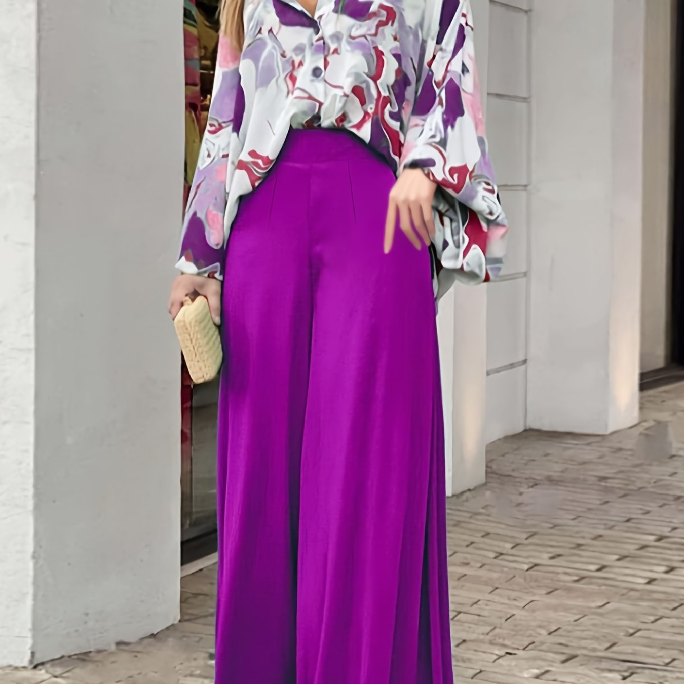 two-piece Elegant Graphic Print Batwing Sleeve Shirt and Wide Leg Pants Set for Women - Stylish and Comfortable Outfit