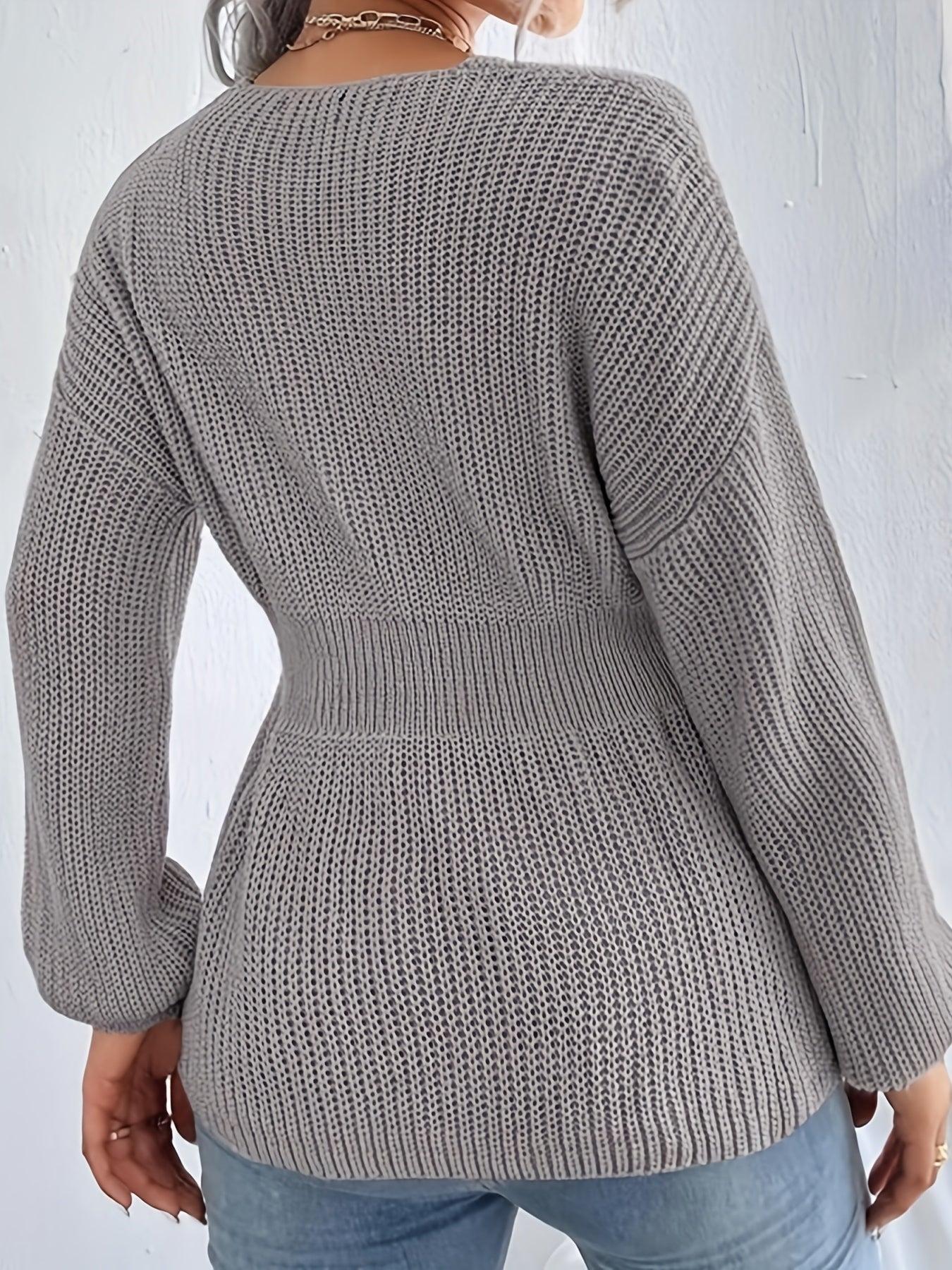 Sixsr Solid Notched Neck Knit Sweater, Elegant Cinched Waist Ruffle Long Sleeve Sweater, Women's Clothing