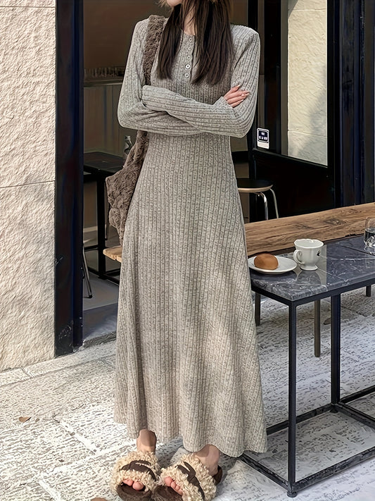 Sixsr Button Front Crew Neck Dress, Versatile Long Sleeve Solid Dress For Spring & Fall, Women's Clothing