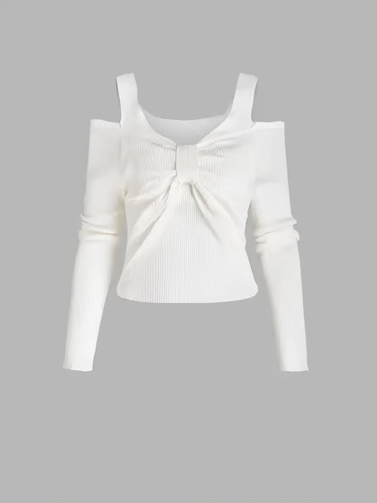 Sixsr Bow Off Shoulder Slim Sweater, Casual Long Sleeve Loose Fall Winter Knit Sweater, Women's Clothing