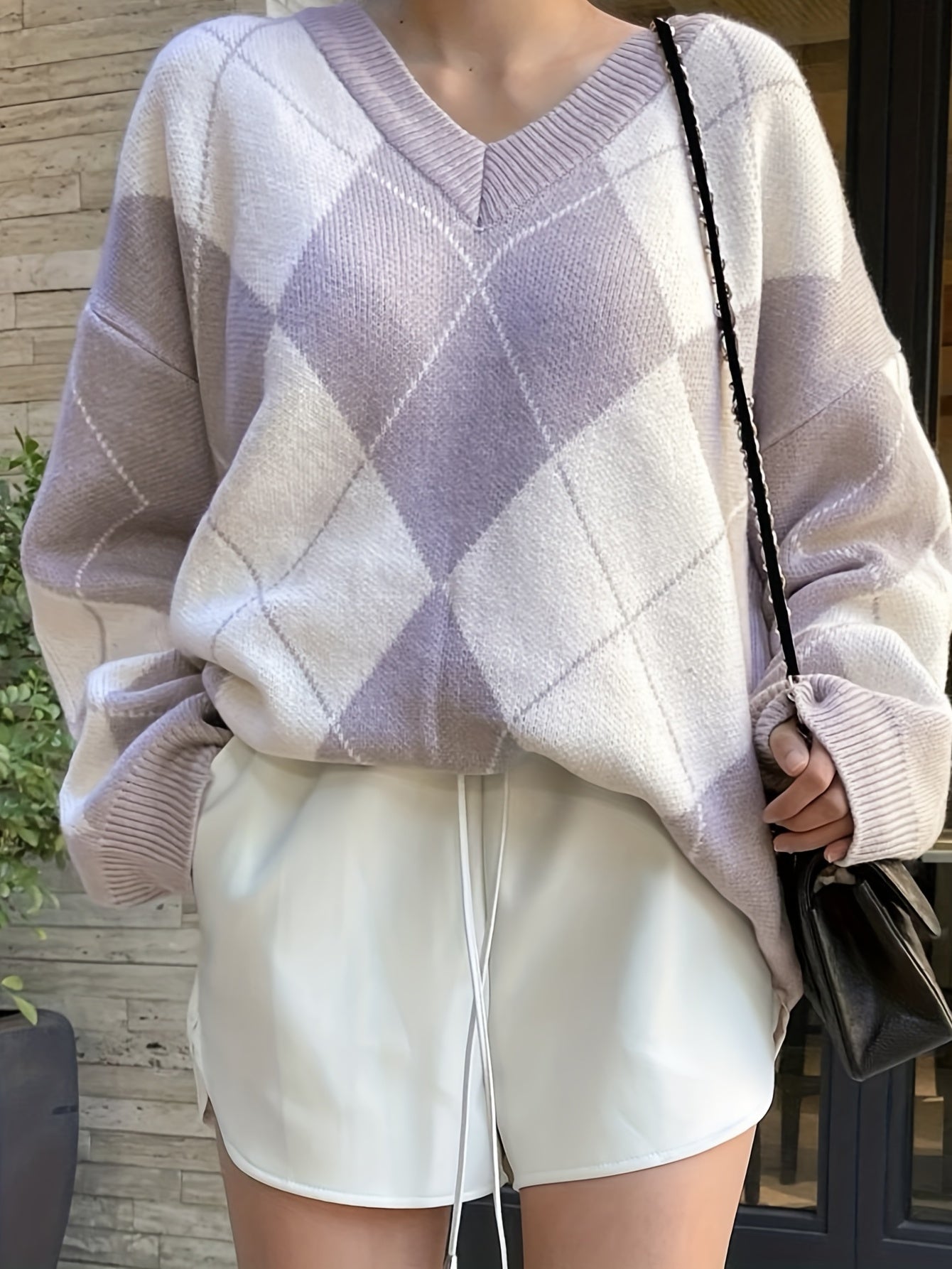 Sixsr Diamond Lattice Pattern Knitted Pullover Top, Casual V Neck Long Sleeve Sweater For Fall & Winter, Women's Clothing