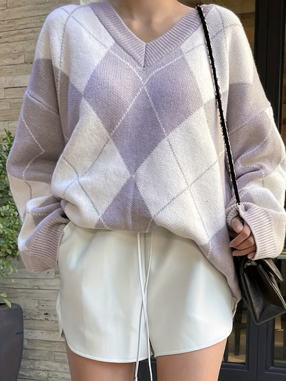 Sixsr Diamond Lattice Pattern Knitted Pullover Top, Casual V Neck Long Sleeve Sweater For Fall & Winter, Women's Clothing