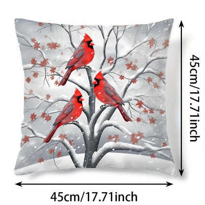 Christmas Charm Pillow Cover 17.7" - Festive Tree, Snowman & Bird Design | Soft Polyester, Zip Closure | Perfect for Sofa & Bedroom Decor, Christmas Decor