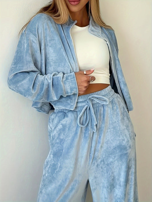 Sixsr Casual Solid Print Two-piece Set, Zip Front Long Sleeve Jacket & Drawstring Elastic Waist Pants Outfits, Women's Clothing