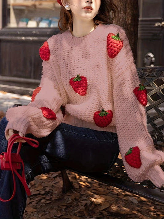 Sixsr Women's Strawberry Print Crew Neck Crochet Knit Tops, Cute Fall Winter Pullover Sweaters, Women's Clothing
