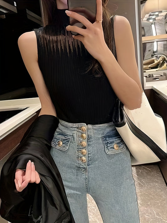 Sixsr Ribbed Sleeveless Turtleneck Tank Top, Casual Contrast Mesh Tank Top For Spring & Summer, Women's Clothing