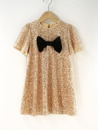 Cute Girls Sequin Bow Decor Short Sleeve Dress For Summer Party Performance Gift