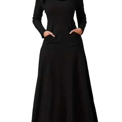 Sixsr Pile Collar Pocket Front Dress, Elegant Long Sleeve Maxi Dress, Women's Clothing