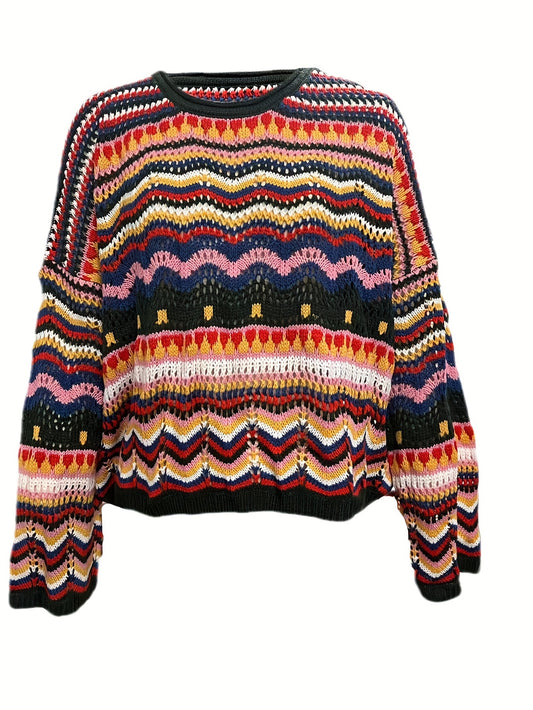 Sixsr Western Chevron Pattern Open Knit Tops, Long Sleeve Colorblock Drop Shoulder Sweater, Women's Clothings