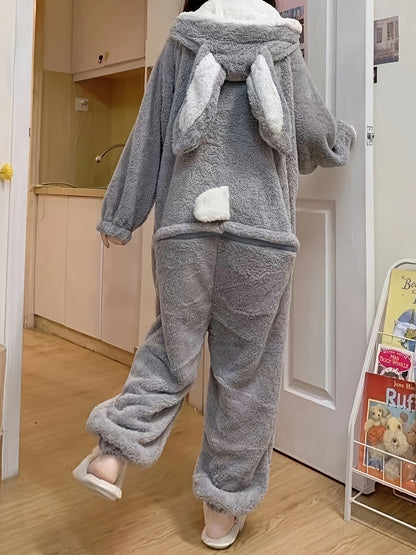 Sixsr Cartoon Bunny Fuzzy Hooded Jumpsuit, Cute Long Sleeve Zipper Pajamas, Women's Sleepwear & Loungewear