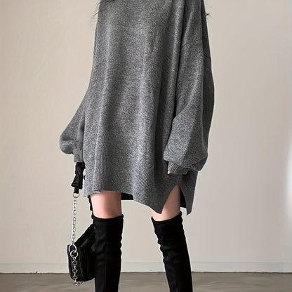 Sixsr Solid Turtle Neck Oversized Sweater, Casual Long Sleeve Split Sweater, Women's Clothing