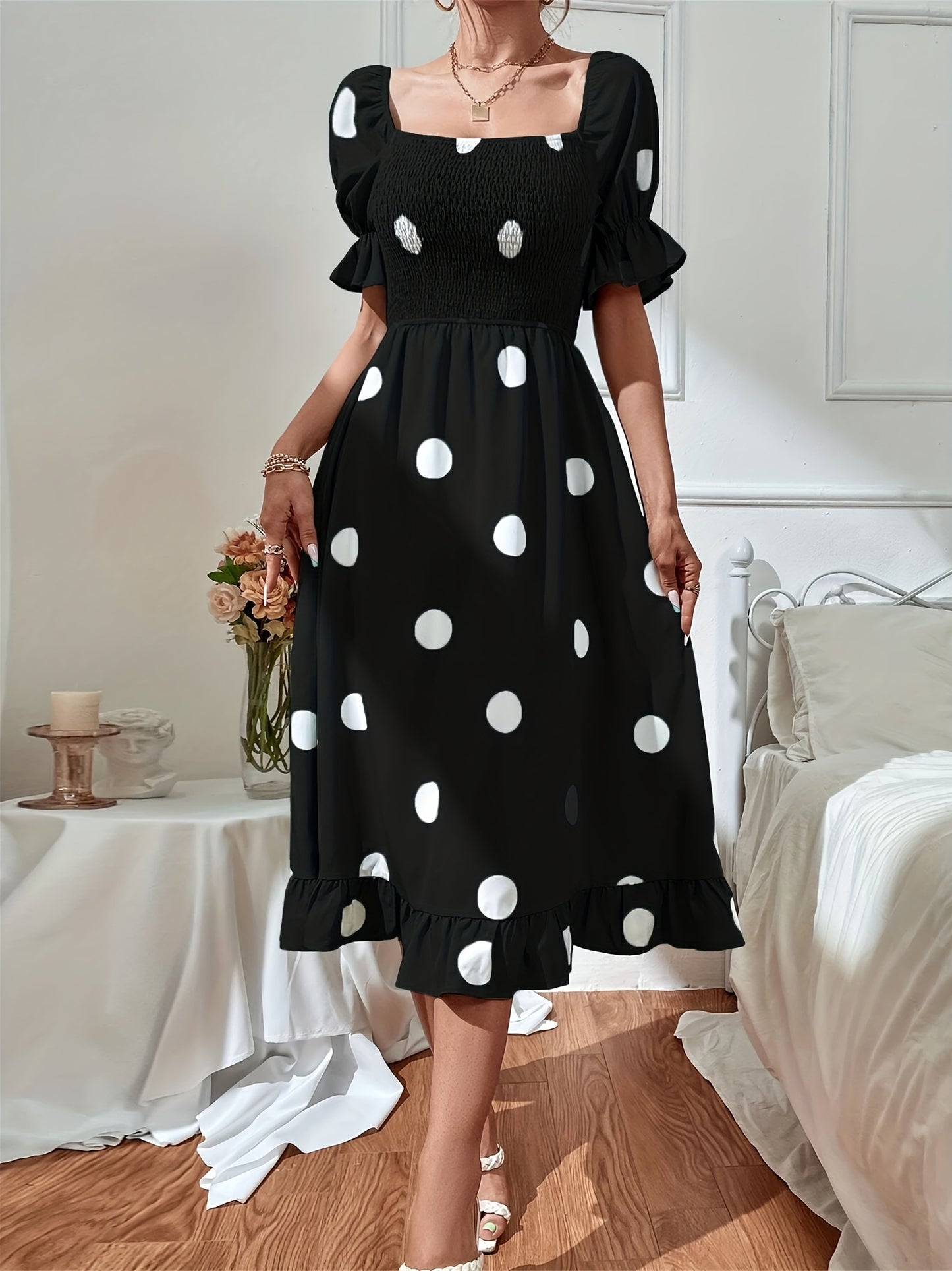 Polka Dot Ruffle Hem Dress, Casual Square Neck Short Sleeve Dress, Women's Clothing